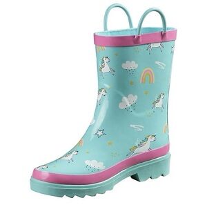 Blue Mountain Girls’ Unicorn Print Waterproof Rubber Boots – Size 7/8